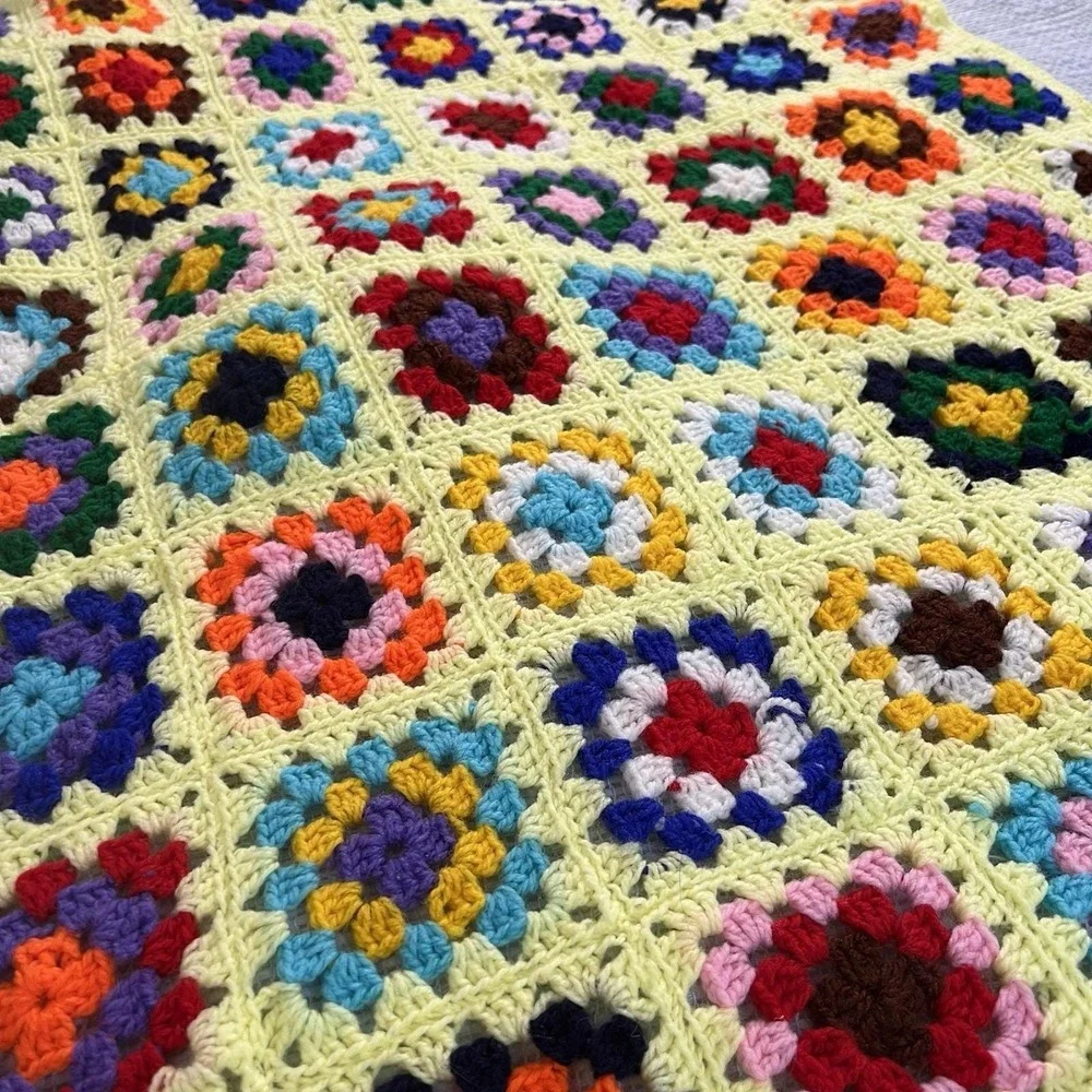 Vintage Handmade Crochet Granny‎ Square Blanket Yellow Boho Throw Afghan